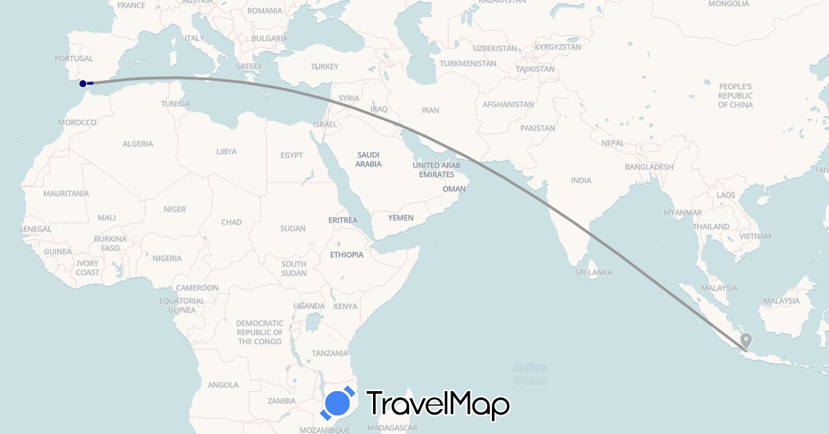 TravelMap itinerary: driving, plane in Spain, Indonesia (Asia, Europe)